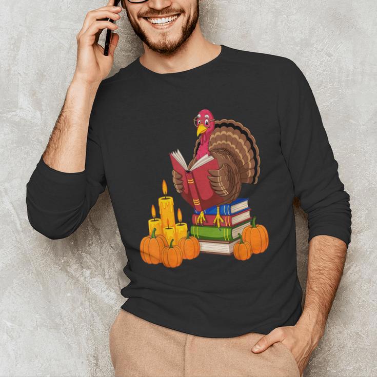 Turkey Reading Books Fall Thanksgiving Teacher Book Men's Long Sleeve T-Shirt, novelty gifts, funny gifts