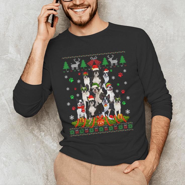 Ugly Sweater Christmas Tree Boston Terrier Dog Xmas Pajama Men's Long Sleeve T-Shirt, novelty gifts, funny gifts