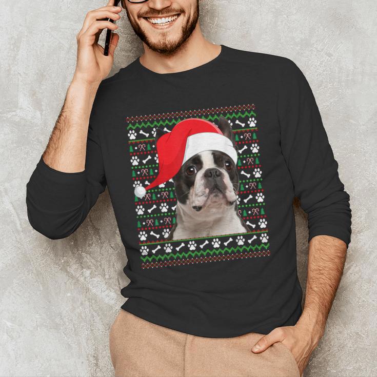 Ugly Xmas Sweater Santa Boston Terrier Dog Christmas For Men Women Kids Men's Long Sleeve T-Shirt, novelty gifts, funny gifts