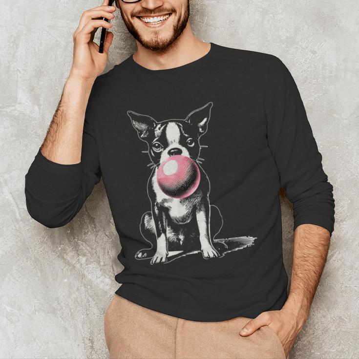 Vintage Boston Terrier Blowing Bubble Gum American Gentleman Men's Long Sleeve T-Shirt, novelty gifts, funny gifts