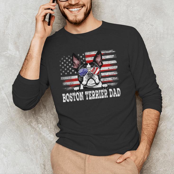 Vintage Boston Terrier Dad American Flag Father's Day Men's Long Sleeve T-Shirt, novelty gifts, funny gifts