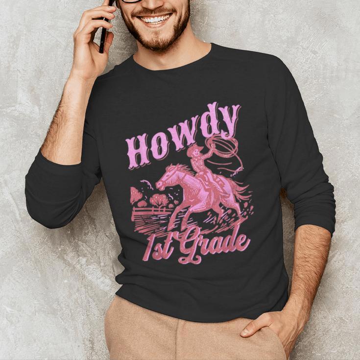 Vintage Howdy First Grade Cowgirl Teacher Western School Men's Long Sleeve T-Shirt, novelty gifts, funny gifts