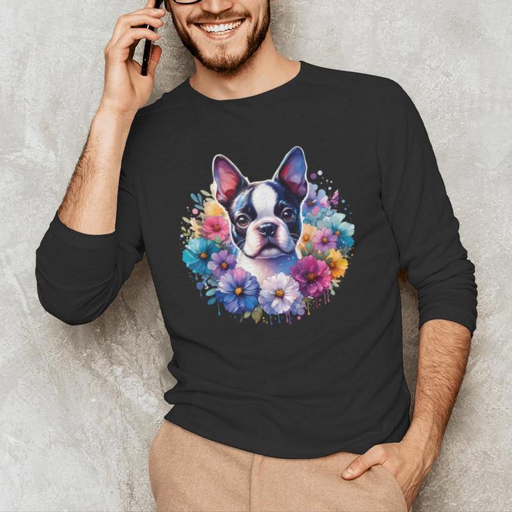 Watercolor Floral Boston Terrier Mama Dog Lover Mother's Day Men's Long Sleeve T-Shirt, novelty gifts, funny gifts