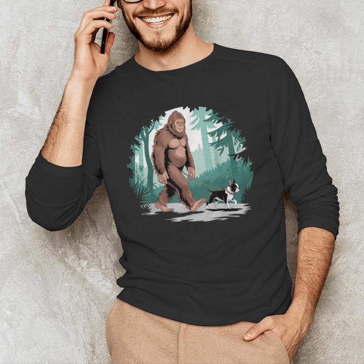 Whimsical Forest Adventures Sasquatch Bigfoot Walking Boston Terrier Dog Lovers Men's Long Sleeve T-Shirt, novelty gifts, funny gifts