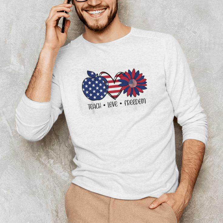 American Flag Teach Love Freedom Preschool Teacher 4th July Men's Long Sleeve T-Shirt, novelty gifts, funny gifts