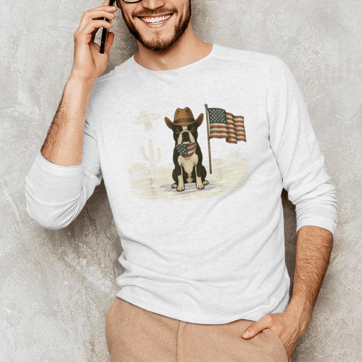 Boston Terrier 4th Of July US American Flag Dog Patriotic Men's Long Sleeve T-Shirt, novelty gifts, funny gifts