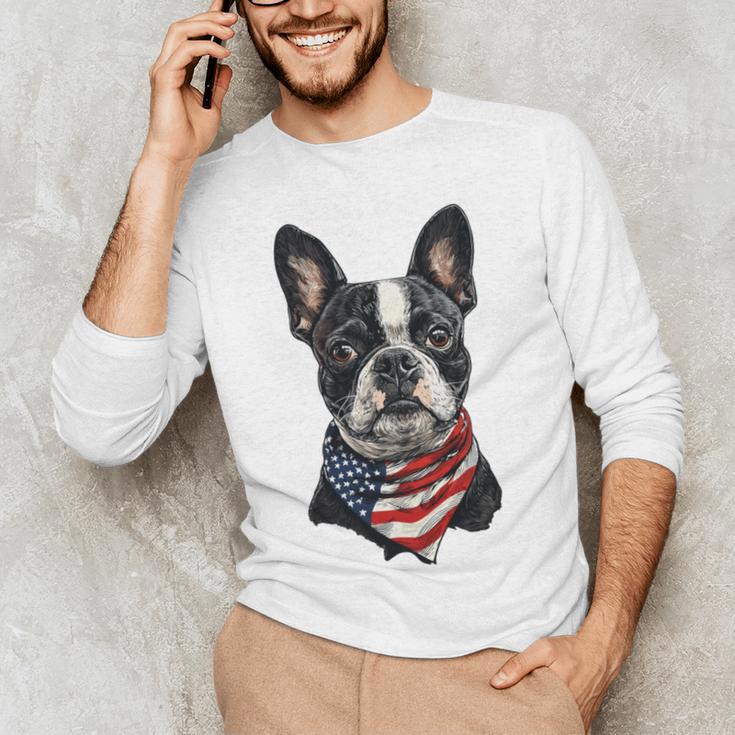 Boston Terrier American Flag Men's Long Sleeve T-Shirt, novelty gifts, funny gifts