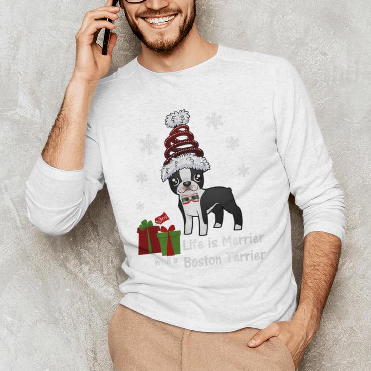 Boston Terrier Christmas T Shirt-Life Is Merrier Premium Tri-Blend Men's Long Sleeve T-Shirt, novelty gifts, funny gifts