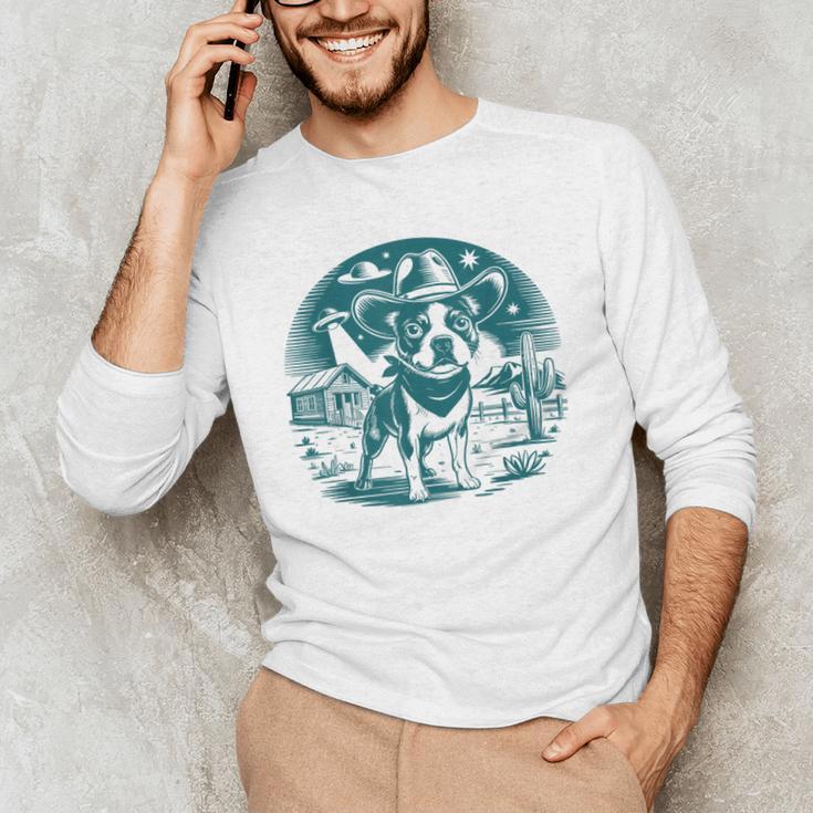 Boston Terrier Cowboy UFO Shirt Vintage Western Dog Mom Tee Men's Long Sleeve T-Shirt, novelty gifts, funny gifts