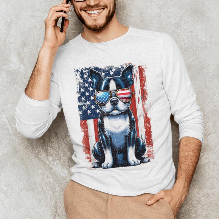 Boston Terrier Dog American USA US Flag Pets Vintage Outfit Men's Long Sleeve T-Shirt, novelty gifts, funny gifts