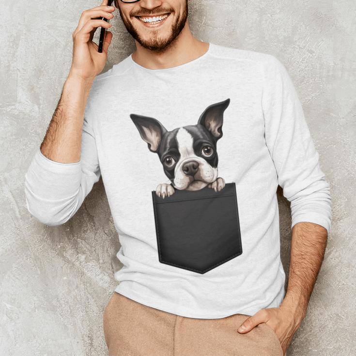 Boston Terrier Dog Puppy Dog In Pocket Cute Pet Lover Men's Long Sleeve T-Shirt, novelty gifts, funny gifts