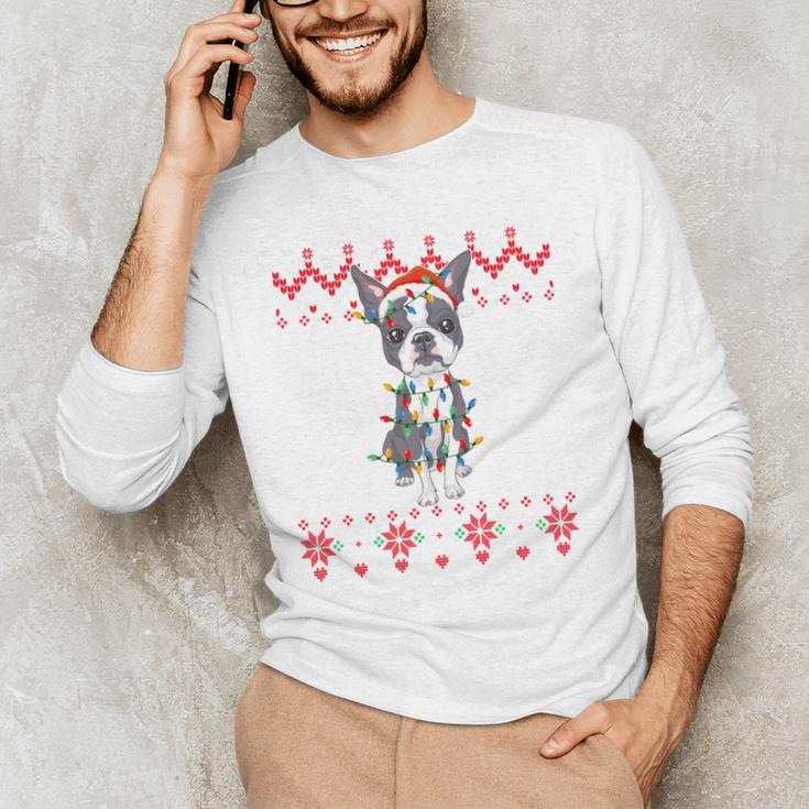 Boston Terrier Dog Santa Hat Men Kids Ugly Christmas Light Men's Long Sleeve T-Shirt, novelty gifts, funny gifts