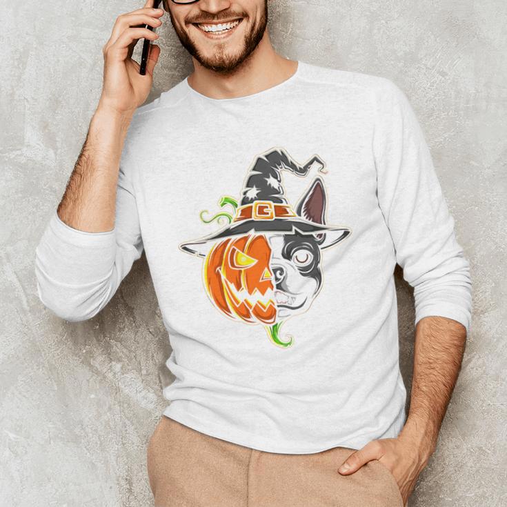 Boston Terrier Pumpkin Jack O Lantern Halloween Men's Long Sleeve T-Shirt, novelty gifts, funny gifts