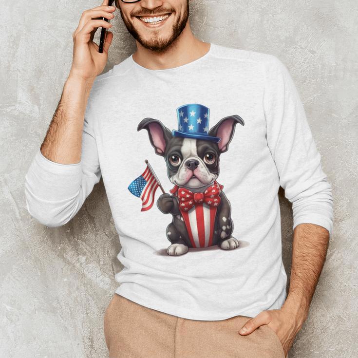 Boston Terrier Puppy Dog Holds His American Flag 4th Of July Men's Long Sleeve T-Shirt, novelty gifts, funny gifts