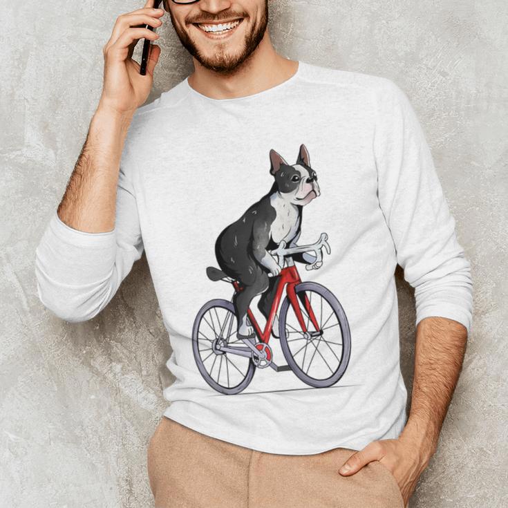 Boston Terrier Riding Bicycle Cute Bostie Biker Raglan Baseball Tee Men's Long Sleeve T-Shirt, novelty gifts, funny gifts