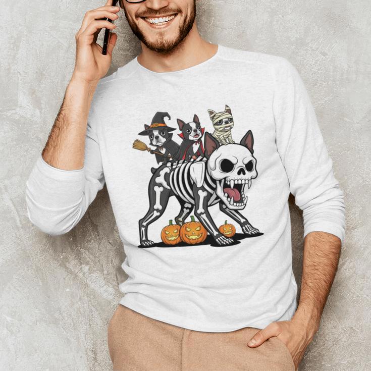 Boston Terrier Skeleton Mummy Witch Halloween Men's Long Sleeve T-Shirt, novelty gifts, funny gifts