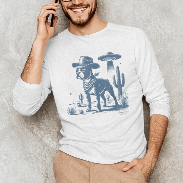 Boston Terrier UFO Cowboy Dog Dog Mom Dog Dad Alien Dog Men's Long Sleeve T-Shirt, novelty gifts, funny gifts