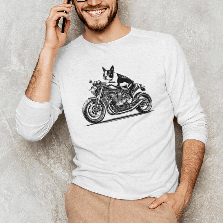 Cool Boston Terrier Riding a Motorcycle Biker Dog Lover For Men Women Kids Men's Long Sleeve T-Shirt, novelty gifts, funny gifts