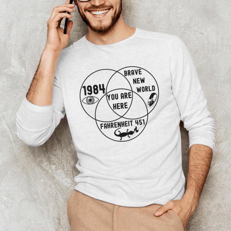 You Are Here Dystopian Venn Diagram English Teacher Bk Men's Long Sleeve T-Shirt, novelty gifts, funny gifts