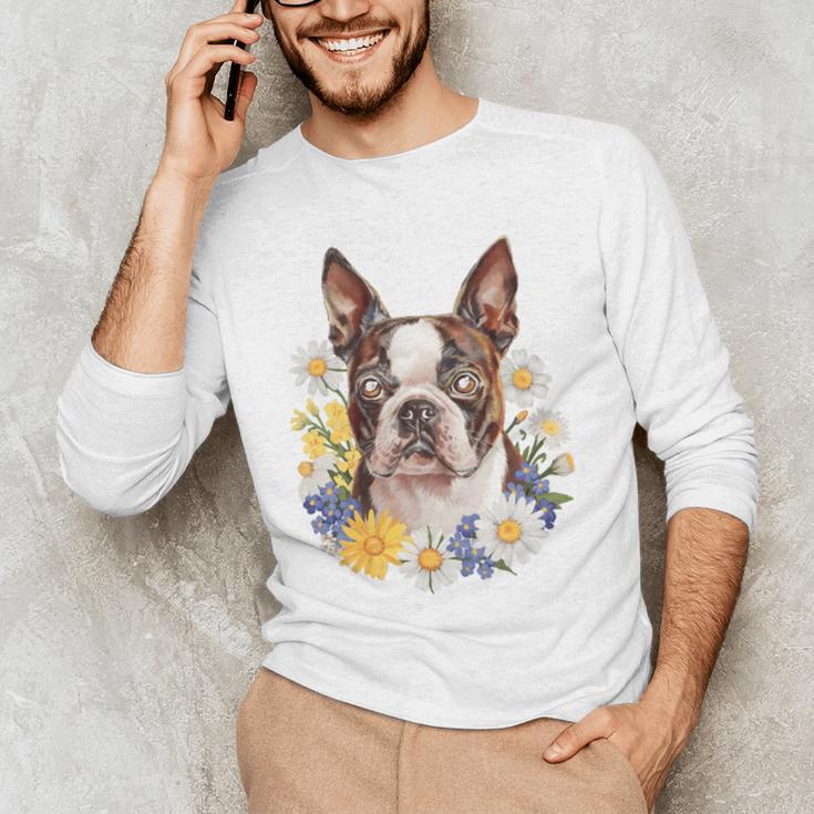 Floral Boston Terrier Men's Long Sleeve T-Shirt, novelty gifts, funny gifts