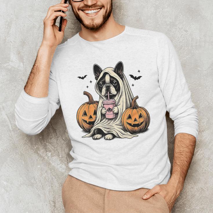 Halloween Boston Terrier Ghost Men's Long Sleeve T-Shirt, novelty gifts, funny gifts