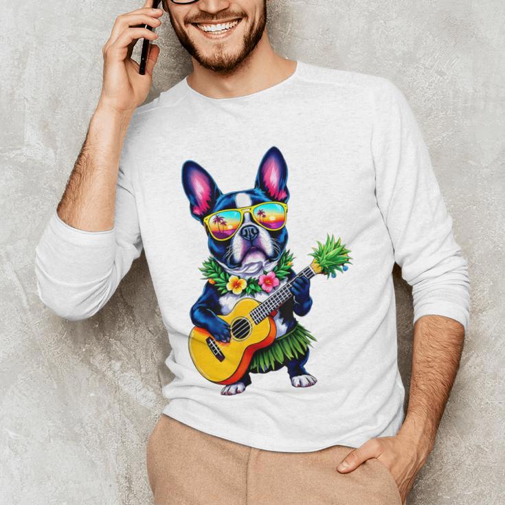 Hawaiian Boston Terrier & Pineapple Ukulele Summer Vacation Men's Long Sleeve T-Shirt, novelty gifts, funny gifts