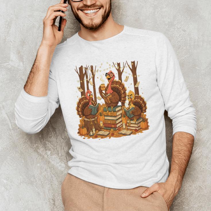 Librarian Turkey Reading Book Fall Thanksgiving Teacher Book Men's Long Sleeve T-Shirt, novelty gifts, funny gifts