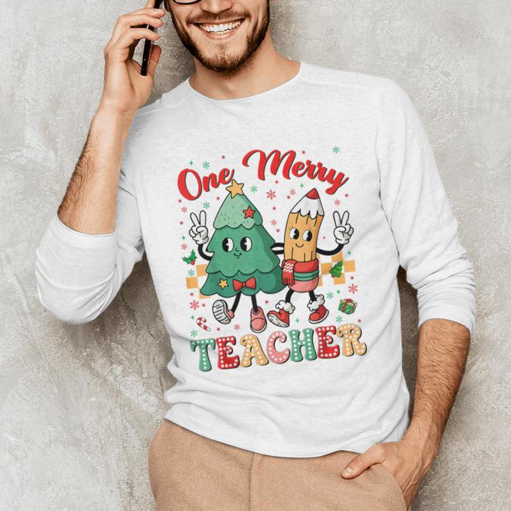 One Merry Teacher Groovy Christmas Tree Pjs Xmas Teacher Men's Long Sleeve T-Shirt, novelty gifts, funny gifts