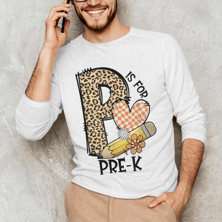 P Is For Pre K Teacher Leopard First Day Of School For Men Women Girls Kids Men's Long Sleeve T-Shirt, novelty gifts, funny gifts
