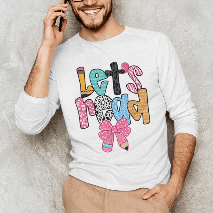 Lets Read Reading Teacher Back To School Literacy Pencil Bow Men's Long Sleeve T-Shirt, novelty gifts, funny gifts