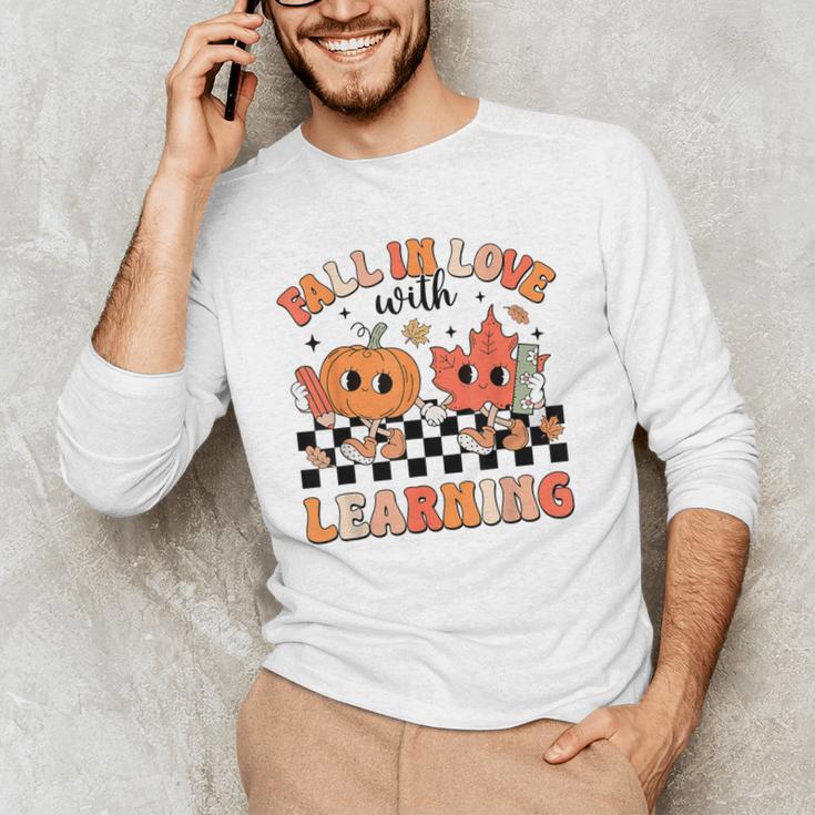 Retro Fall In Love With Learning Autumn Pumpkin Teacher Men's Long Sleeve T-Shirt, novelty gifts, funny gifts