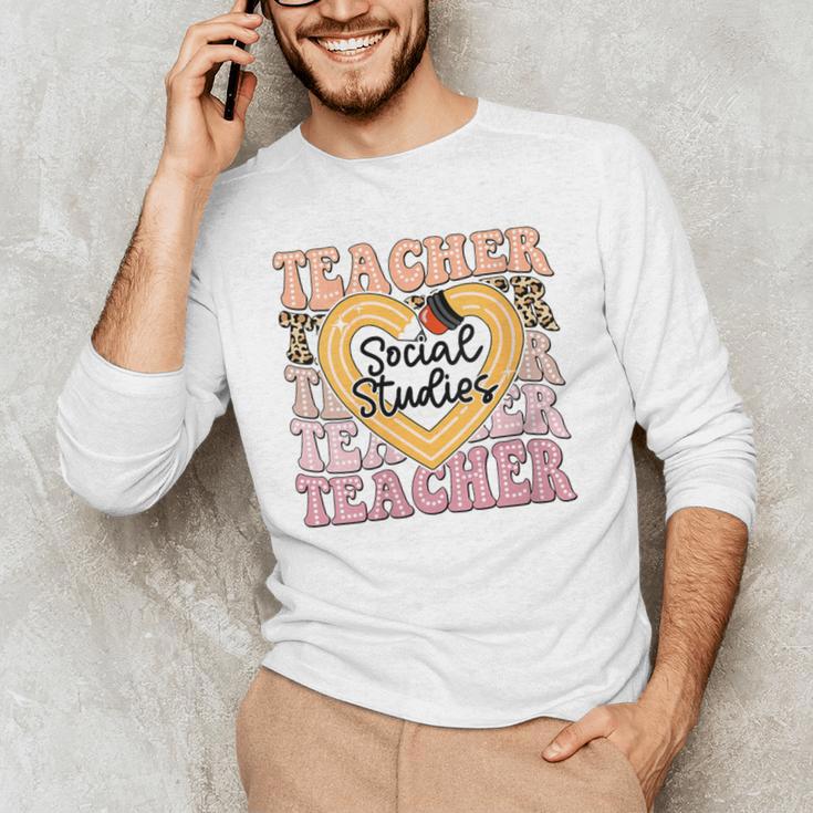 Social Studies Teacher Pencil Heart Leopard Back To School Men's Long Sleeve T-Shirt, novelty gifts, funny gifts