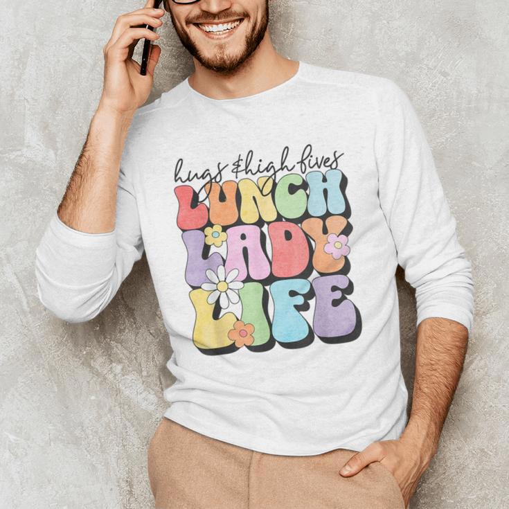 Soul Bleach Teacher Staff First Day Of School Last Hugs & High Fives Lunch Lady Vibes Blue Classic Fit Men's Long Sleeve T-Shirt, novelty gifts, funny gifts