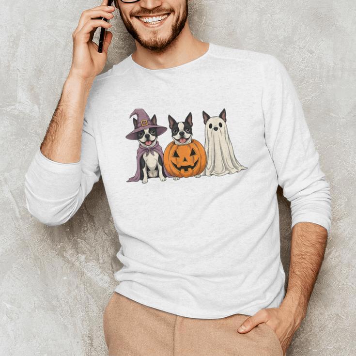 Spooky Ghost Boston Terrier Pumpkin Halloween Dog Lover Men's Long Sleeve T-Shirt, novelty gifts, funny gifts