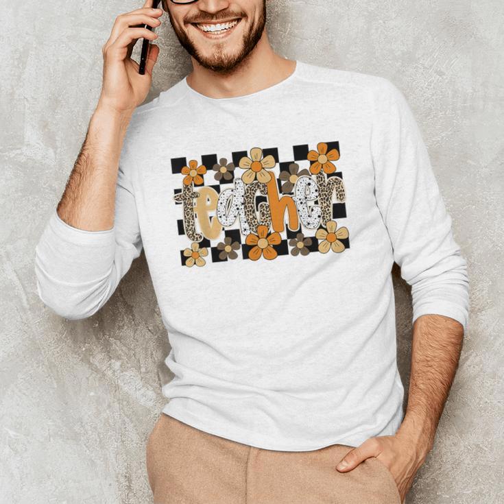 Teacher Appreciation Boho Floral Leopard Checkered Men's Long Sleeve T-Shirt, novelty gifts, funny gifts