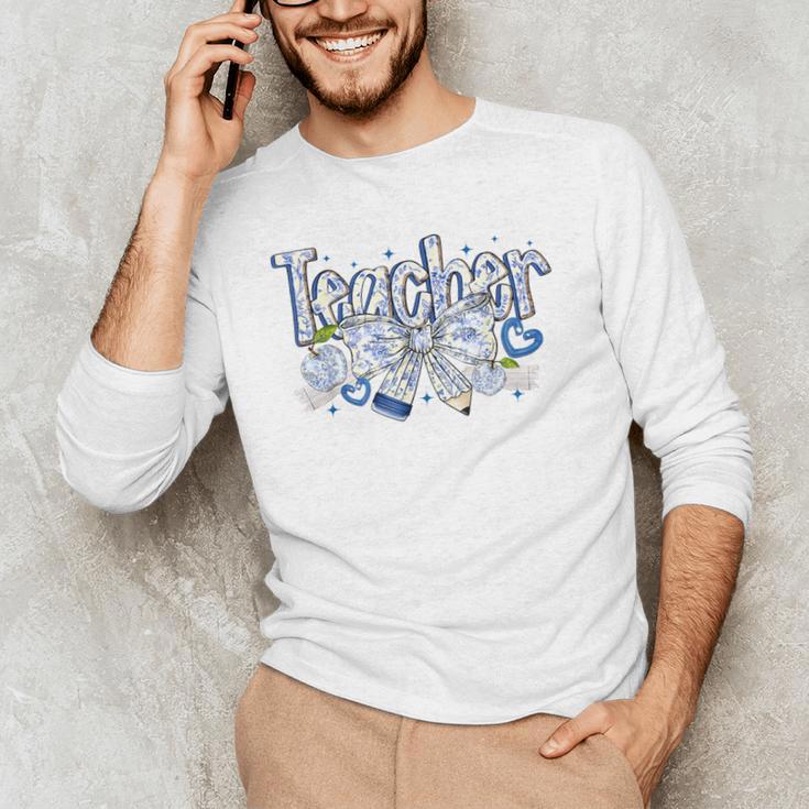 Teacher Blue Chinoiserie Coquette Bow Heart Teacher Life Men's Long Sleeve T-Shirt, novelty gifts, funny gifts Teacher Blue Chinoiserie Coquette Bow Heart Teacher Life Men's Long Sleeve T-Shirt, novelty gifts, funny gifts