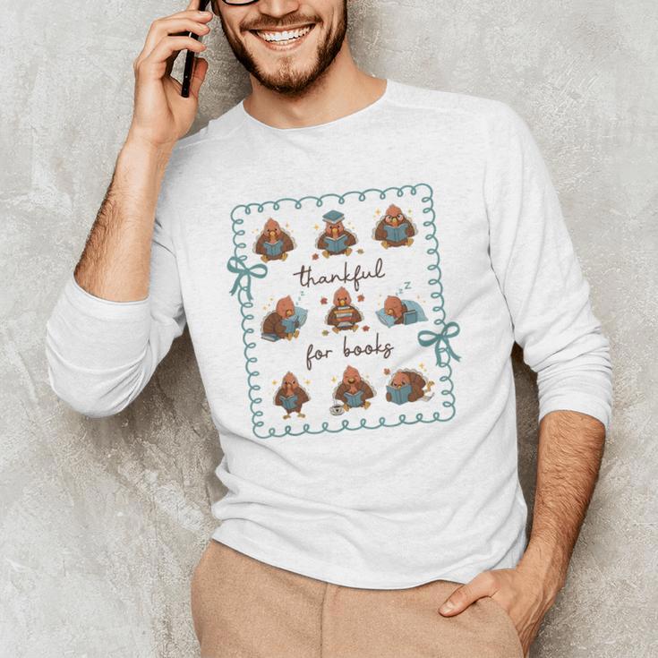 Thankful For Books Turkey Reading Book Lovers Fall Teacher Men's Long Sleeve T-Shirt, novelty gifts, funny gifts