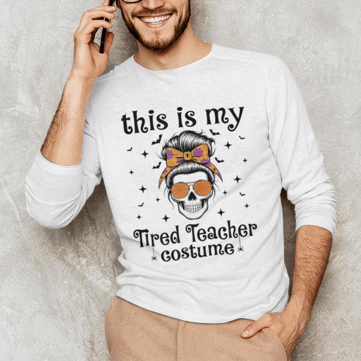 This Is My Tired Teacher Costume Skull Halloween Messy Bun Men's Long Sleeve T-Shirt, novelty gifts, funny gifts