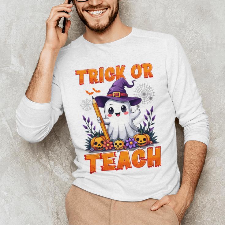 Trick Or Teach Teacher Halloween Ghost Pencil Floral Men's Long Sleeve T-Shirt, novelty gifts, funny gifts