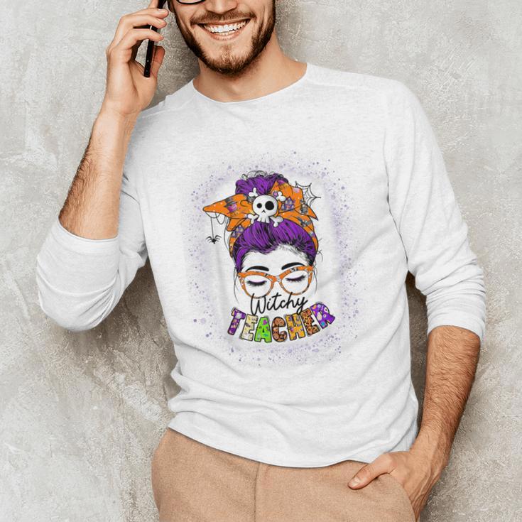 Witchy Teacher Halloween Messy Bun Teacher Bleached Men's Long Sleeve T-Shirt, novelty gifts, funny gifts