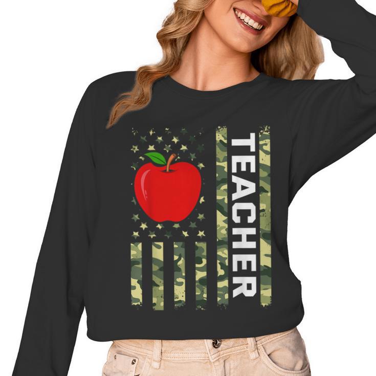 American Flag Camouflage Teacher Patriotic 4th Of July Women Long Sleeve T-Shirt