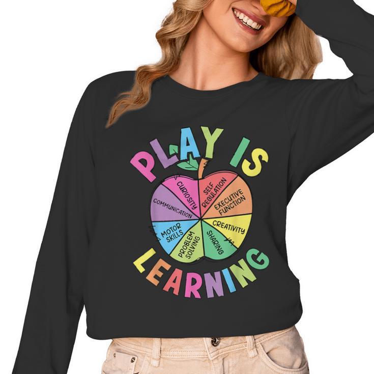 Apple Retro Play Is Learning Kindergarten Teacher Daycare Women Long Sleeve T-Shirt