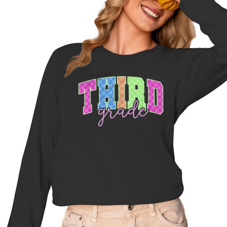 Back To School Neon Checkered Third Grade Colorful Teacher Women Long Sleeve T-Shirt