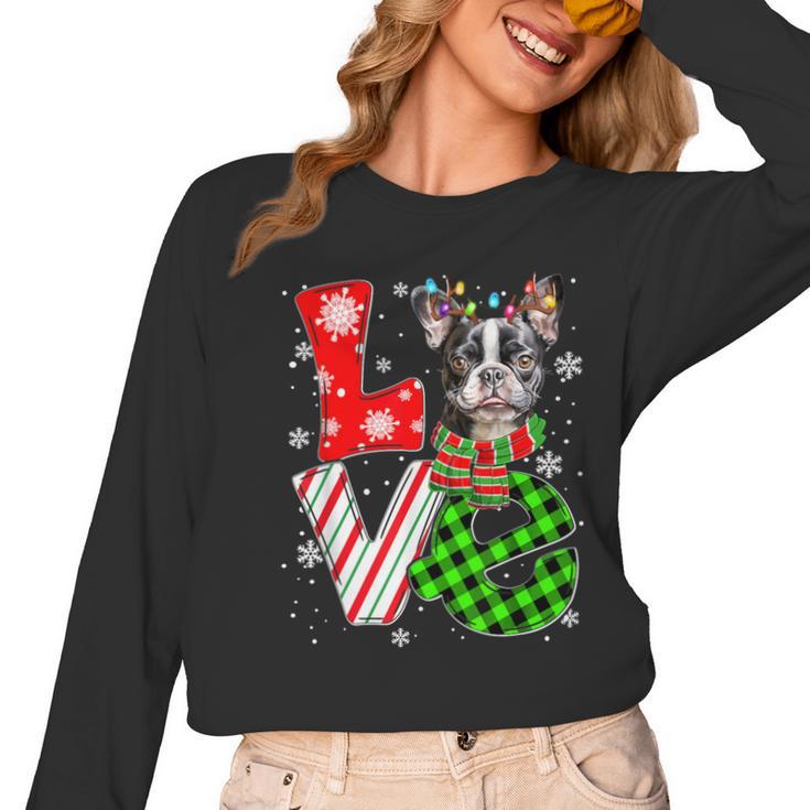 Boston Terrier Christmas Tree Lights Santa Dog Xmas For Men Women Kids Women Long Sleeve T-Shirt