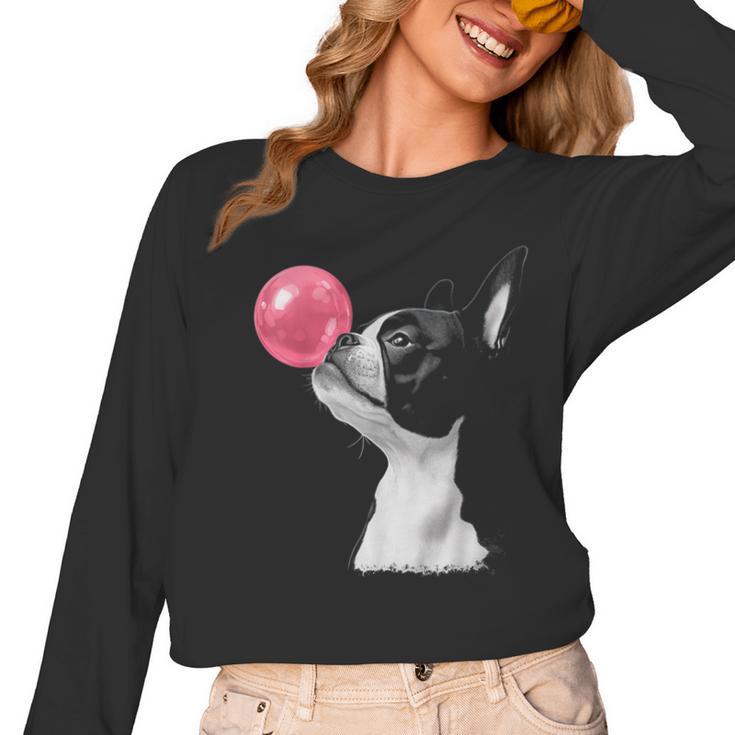 Boston Terrier Dog Blowing Chewing Bubble Gum Pink Women Long Sleeve T-Shirt