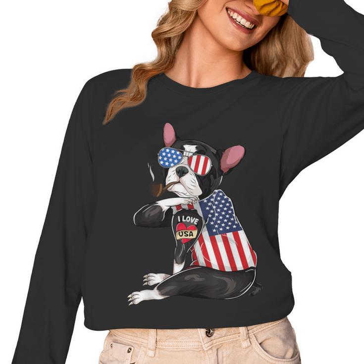 Boston Terrier Dog Merica 4th Of July Usa American Flag Men Women Long Sleeve T-Shirt