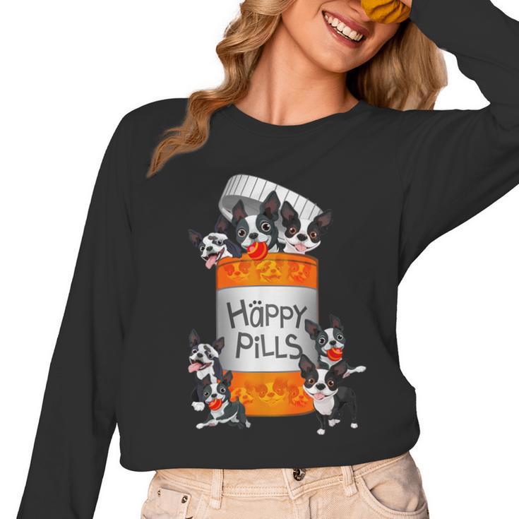 Boston Terrier Happy Pills T-Shirt Women Long Sleeve T-Shirt