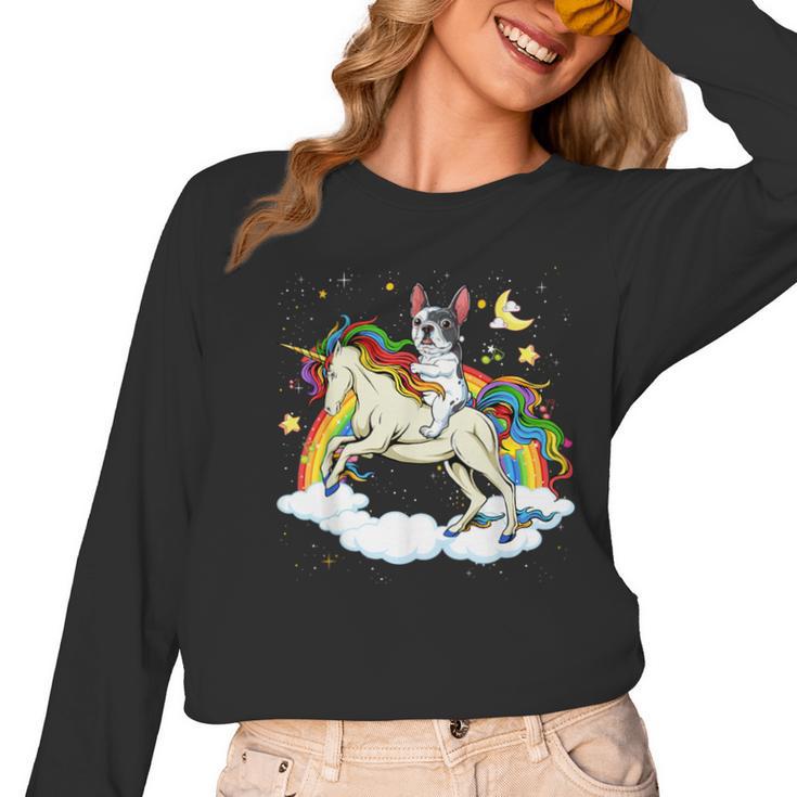 Boston Terrier Riding Unicorn Boys Girls Kids Rainbow Women Long Sleeve T-Shirt