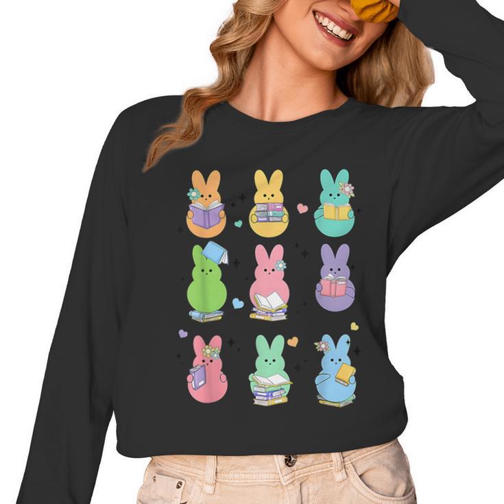 Bunny Reading Books Easter Day Librarian Teacher Book Women Long Sleeve T-Shirt