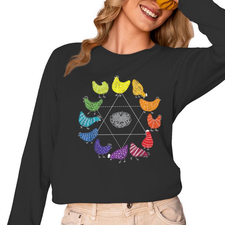 Chicken Themed Color Wheel Educational Art Teacher Artist Men Women Girls Kids Women Long Sleeve T-Shirt